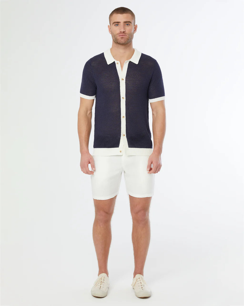 Linen Short Sleeve Button Up Blue Sweater