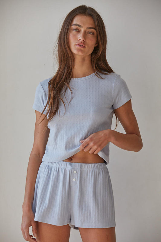 Pointelle Short Sleeve and Short Misty Blue Set