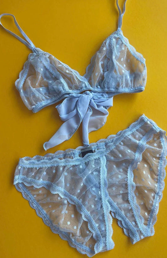 Coucou Lola Ruffle Bralette and Thong Blue