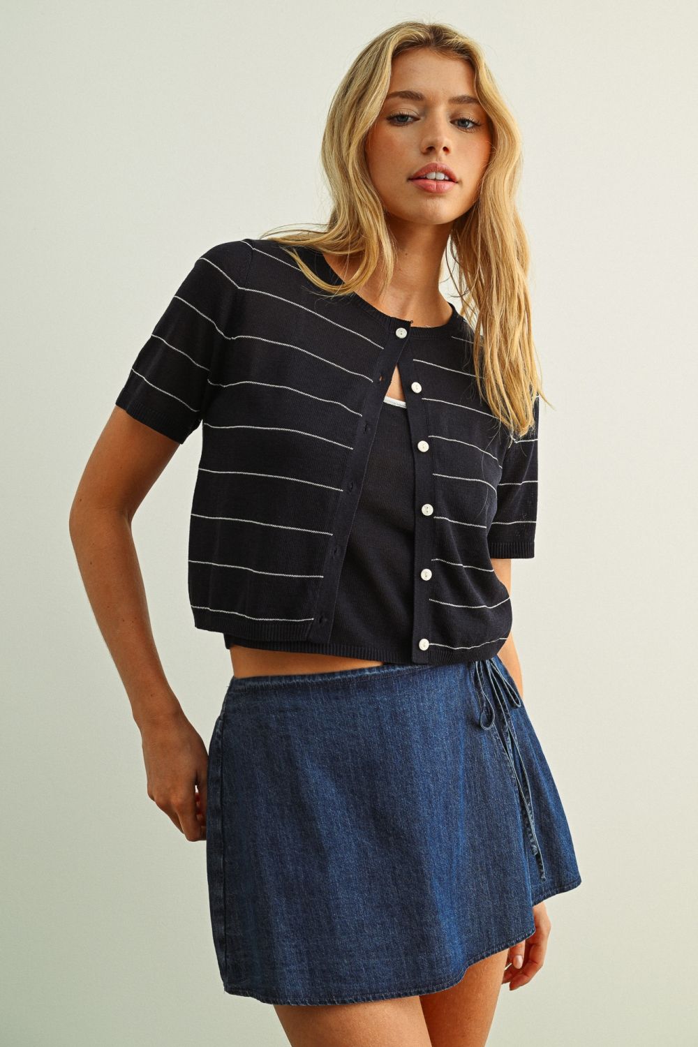 Stripped Pattern Short Sleeve Cardigan