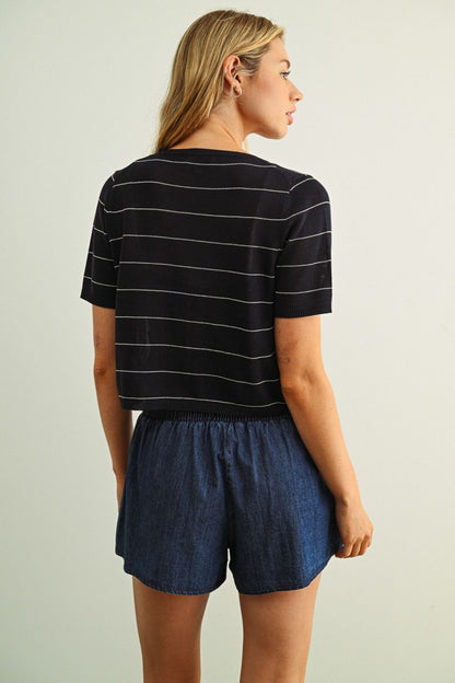 Stripped Pattern Short Sleeve Cardigan