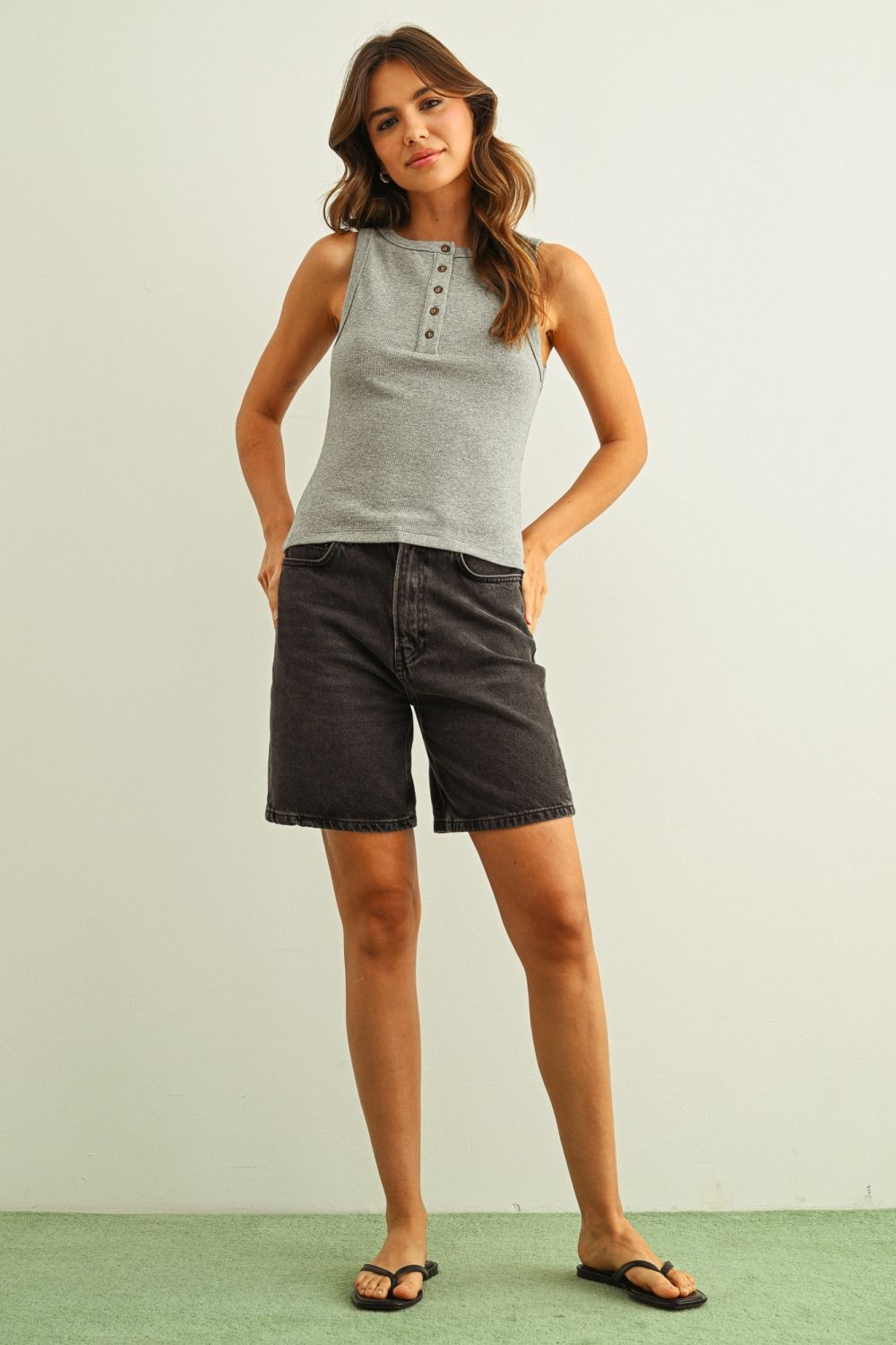 Round Neck Button Top Grey