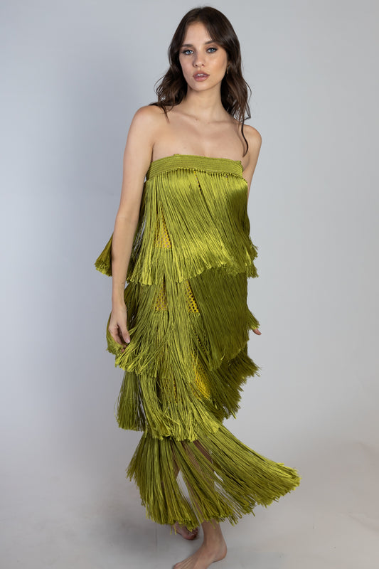 Angelica Fringed Dress Antique Moss