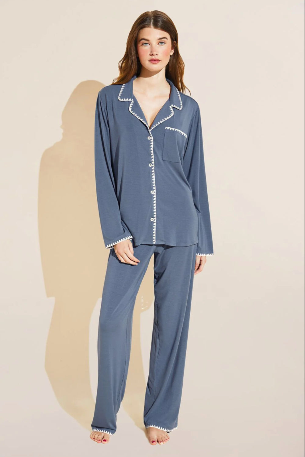 Whip Stitch Long Pj Set Coastal Blue